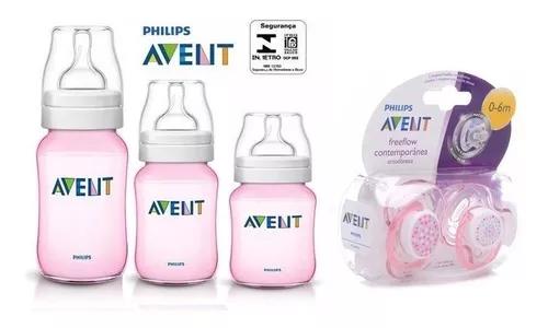 Kit 3 Mamadeiras Avent Classica Com Chupeta 0 A 6 Meses Rosa