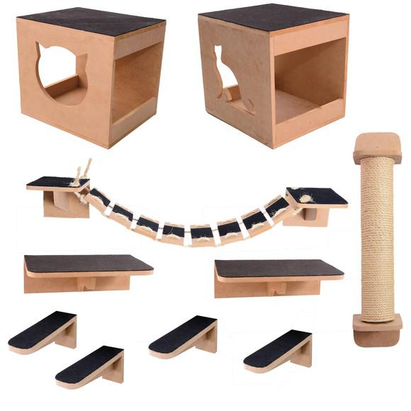 Kit Nicho Play Gatos 10 Pcs Toca,escada,ponte,prateleira Mdf