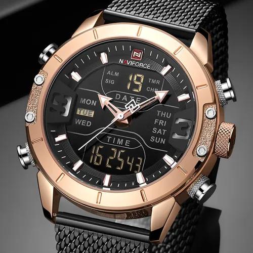 Relógio masculino naviforce 9153 original de pulso dourado