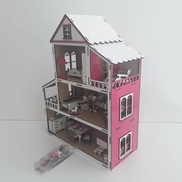 Casa mdf + 21 móveis + boneca barbie 12cm