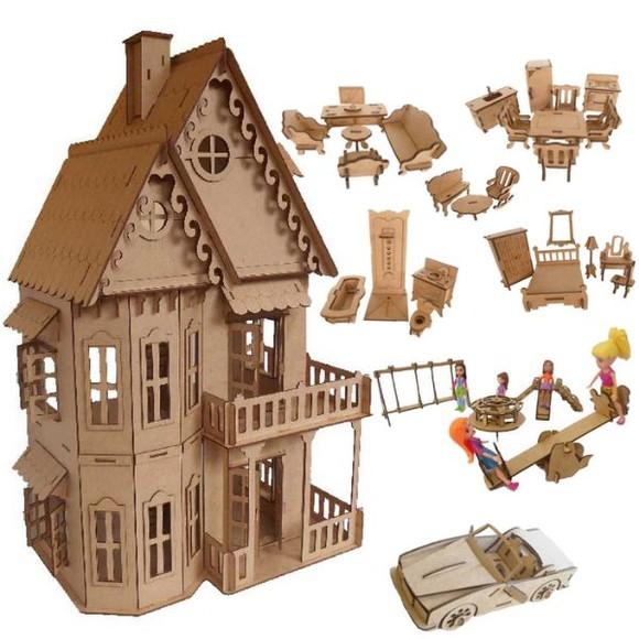 Casinha castelo boneca polly em mdf + móveis parque e carro