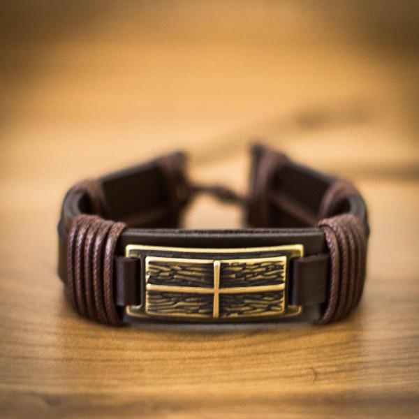 Pulseira masculina de couro de placa cruz