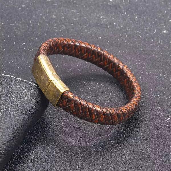 Pulseira masculina marrom trançado pulseira de couro aço