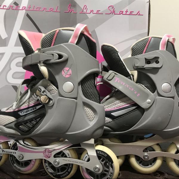 patins inline traxart jet rosa e cinza