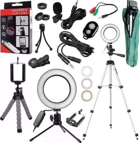 Kit youtuber lapela tripé 1,30m + luz iluminador ring light