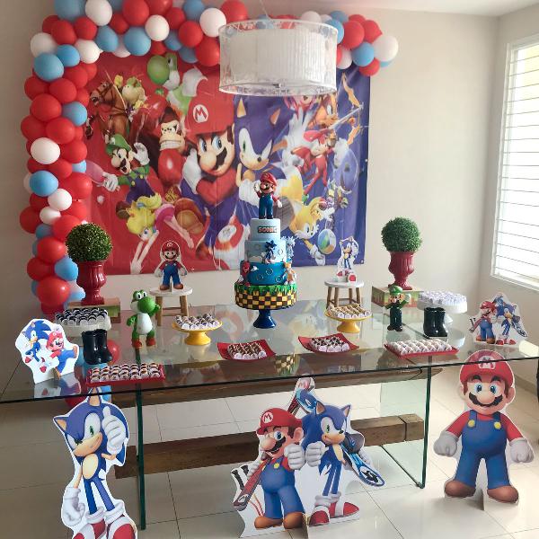 Kit display mario vs sonic 6 peças + painel