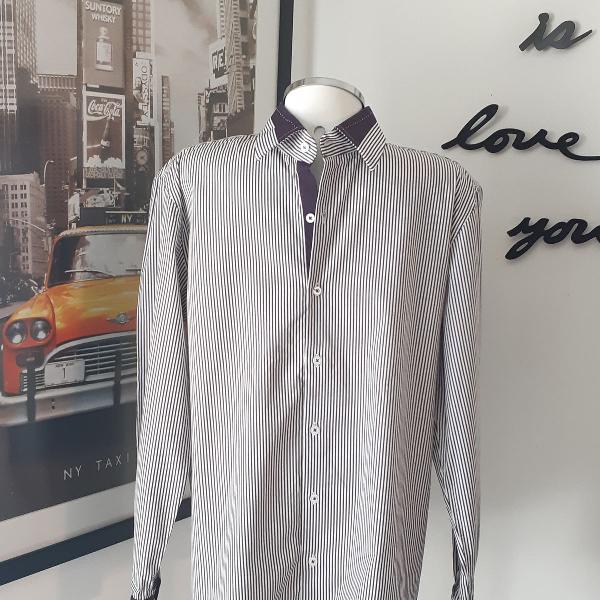 Camisa masculina slim manga longa branco e marinho