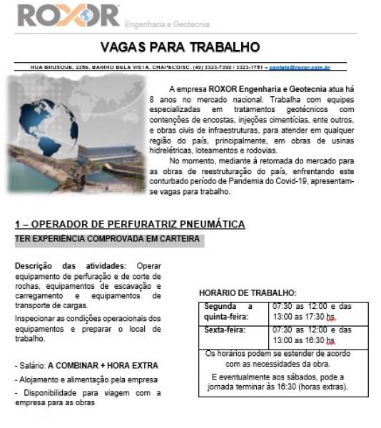 Vaga de emprego - operador perfuratriz - chapecó/sc