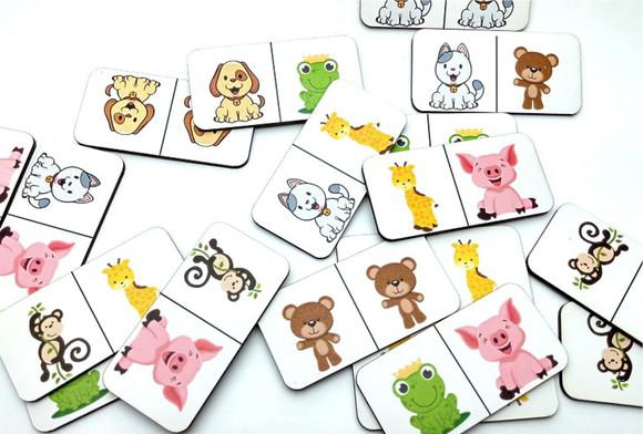 Brinquedo dominó educativo animais 28 peças madeira mdf