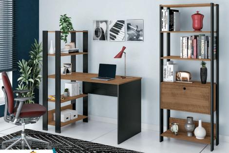 Conjunto mesa para escritório estilo industrial com estante