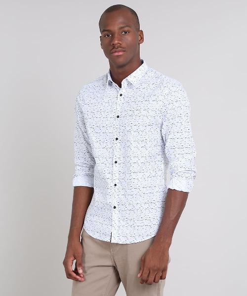 Camisa masculina slim estampada manga longa branca