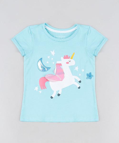 Blusa infantil unicórnio manga curta verde água