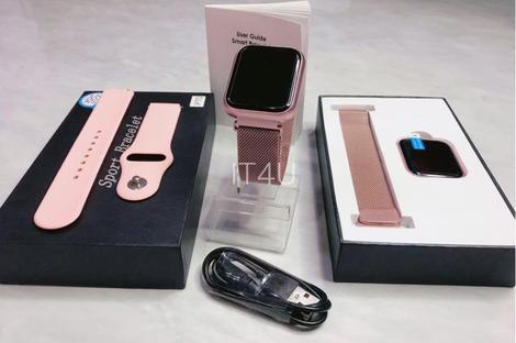 Kit relógio smartwatch rosa + 2 pulseiras + fone bluetooth