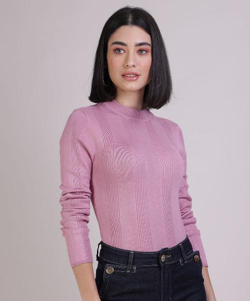 Blusa Feminina Básica em Tricô Manga Longa Rosa Escuro