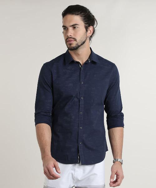 Camisa masculina slim estampada de coqueiros manga longa