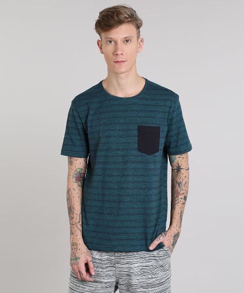 Camiseta Masculina Básica Listrada com Bolso Manga Curta