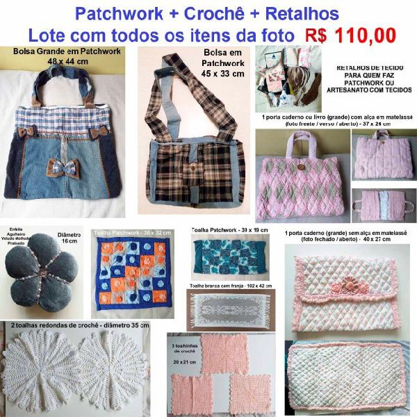 Patchwork / crochê / retalhos de tecido + 2 brindes - lote