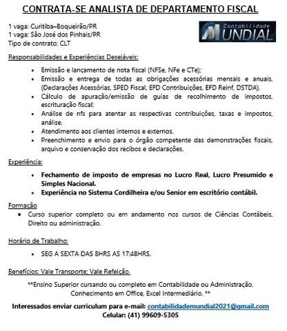 Vaga Analista Departamento Fiscal - Contabilidade