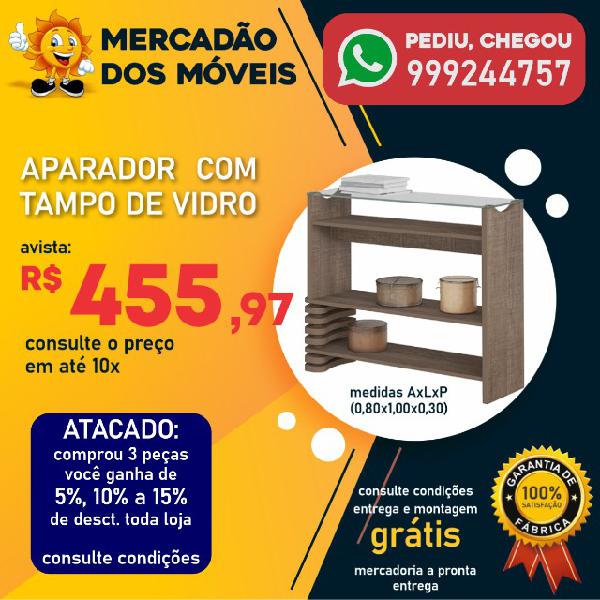 Aparador Com Tampo De Vidro Em Até 10x Nos Cartões -