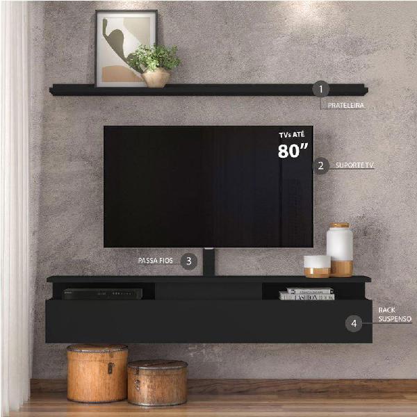 Rack suspenso preto 181cm prateleira suporte tv até 80