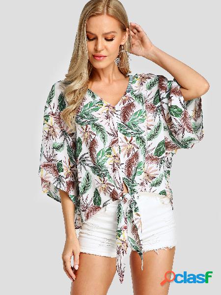 Yoins blusa branca knotted v-neck tropical folha print