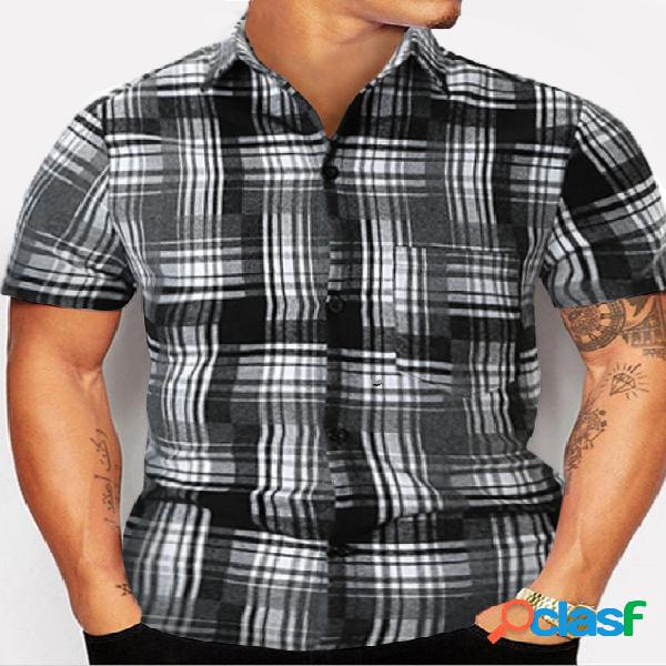 Moda masculina verão xadrez preto e branco casual camisa