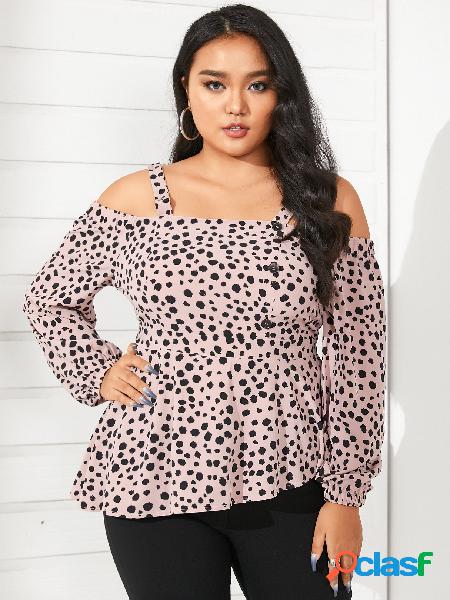 Yoins plus blusa de manga comprida tamanho cold shoulder polka dot sem encosto design