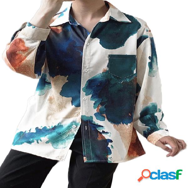 INCERUN Homens Tie Dye Impresso Manga Longa com Botão Top Casual Camisa