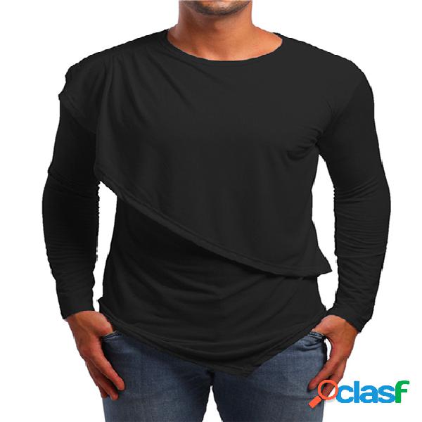 Camiseta masculina outono casual de algodão liso assimétrico com bainha Design