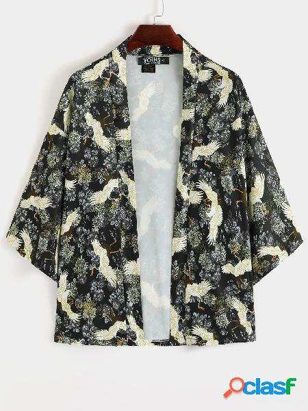 Casaco protetor solar masculino casual estilo chinês retrô crane animal cardigã com estampa floral