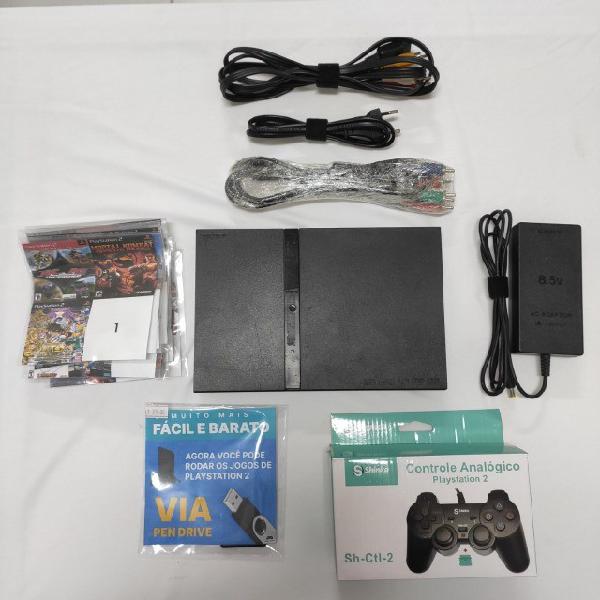 Playstation 2 novinho com 80 jogos, controle e memory card