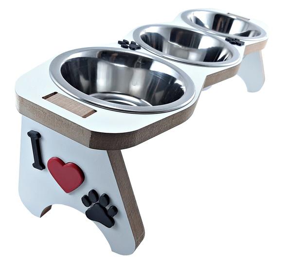 Comedouro elevado triplo cachorro cão gato tigela inox no