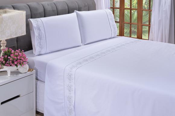 Jogo Lençol Cama Casal Padrão Floral Branco e Cinza 4