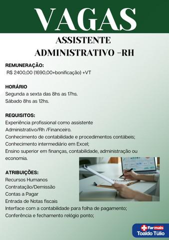 Vaga assistente administrativo/rh/financeiro