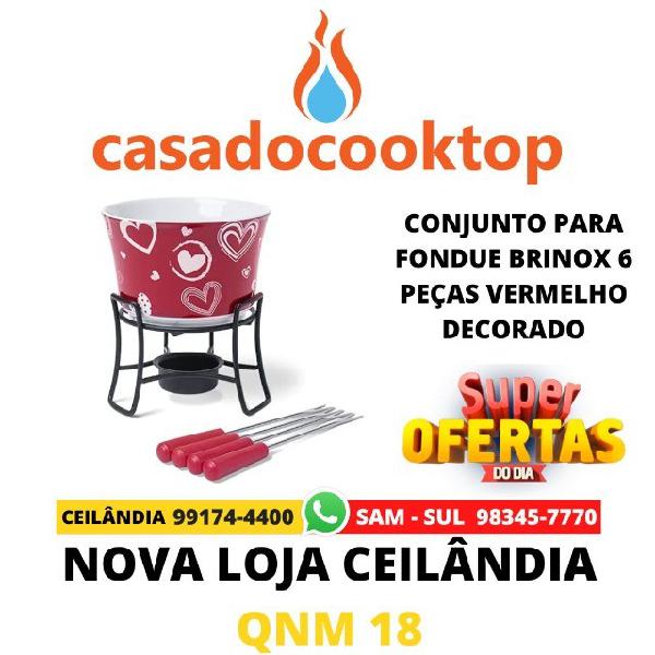 Conjunto para fondue brinox 6 peças cerâmica vermelho