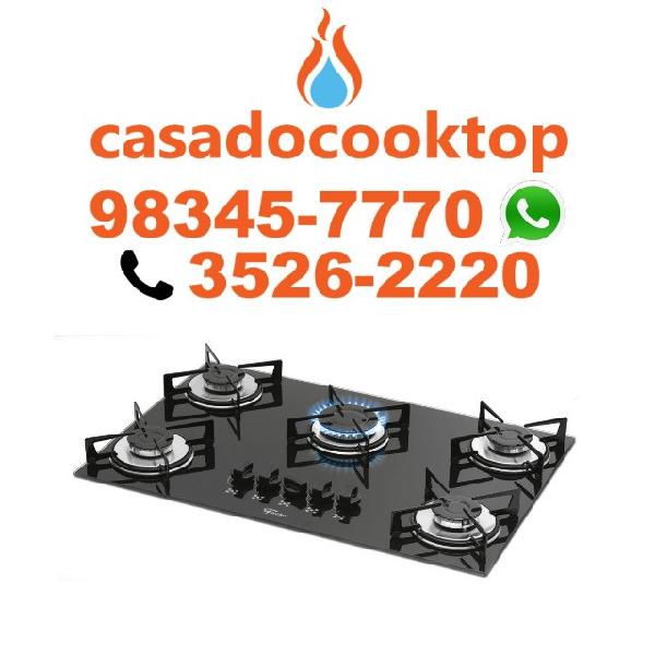 Fogão cooktop fischer 5 bocas gas mesa vidro preto chama