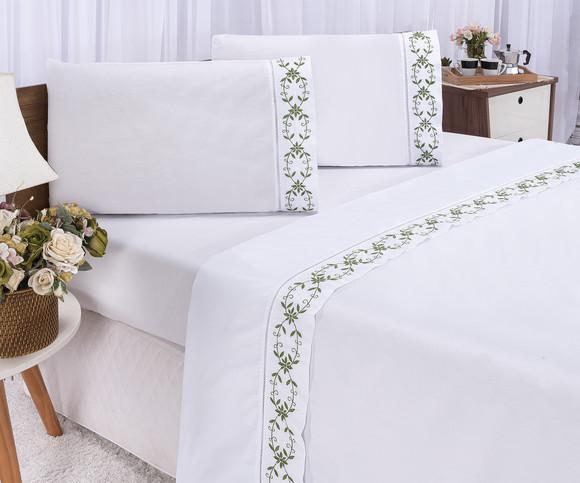 Jogo de lençol cama casal king veneza branco e verde 4pçs