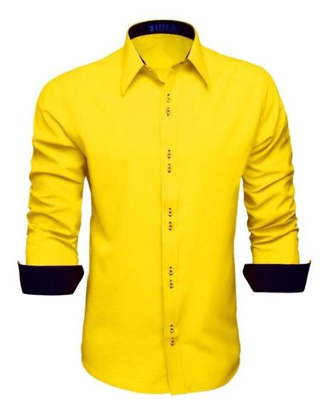 Camisa social masculina manga longa blusa slim luxo amarelo