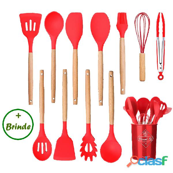 Kit 12 peças utensílios de cozinha em silicone maçico e cabos de madeira