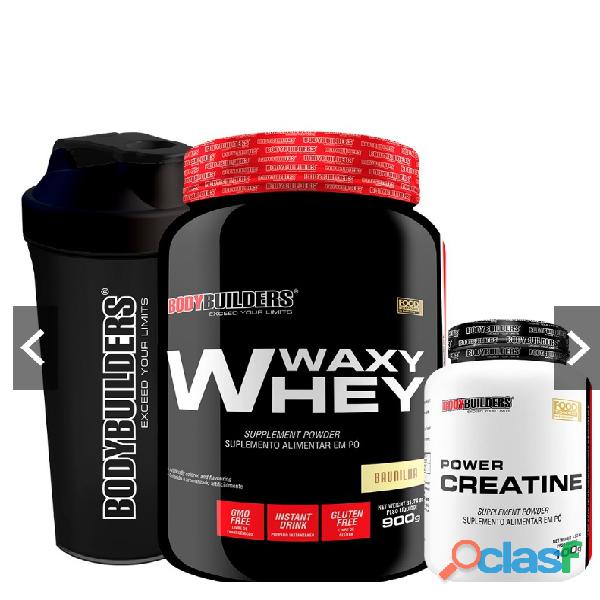 Kit whey protein waxy whey 900g, power creatina 100g, coqueteleira bodybuilders kit para aumento d