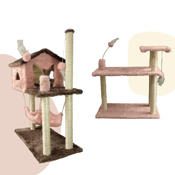 Kit Gato Grande Casa c/ Rede e Arranhador 3 Bases Sisal Rosa