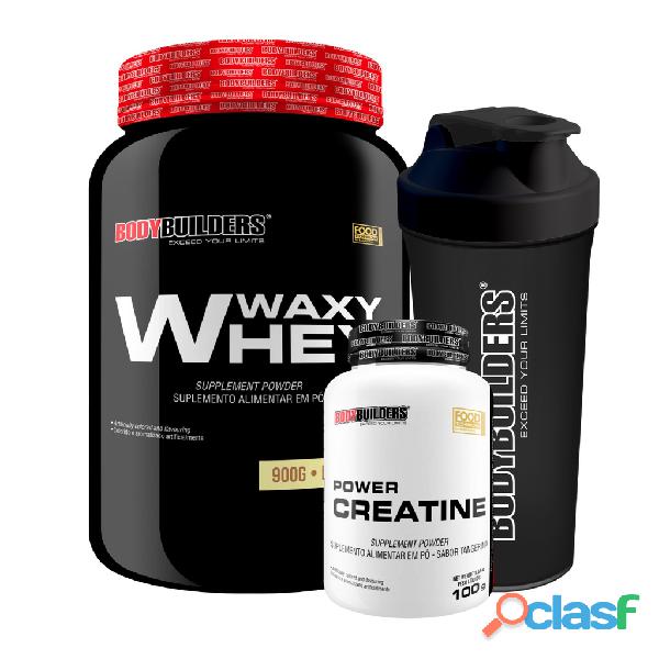 Kit Whey Protein Waxy Whey Pote 900g + Power Creatina 100g + Coqueteleira   Aumento de Massa Muscula