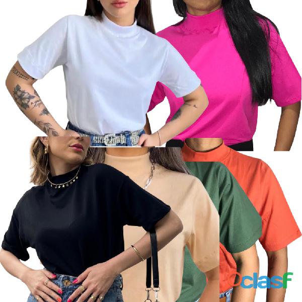 Tshirt básica feminina gola alta 100% algodão