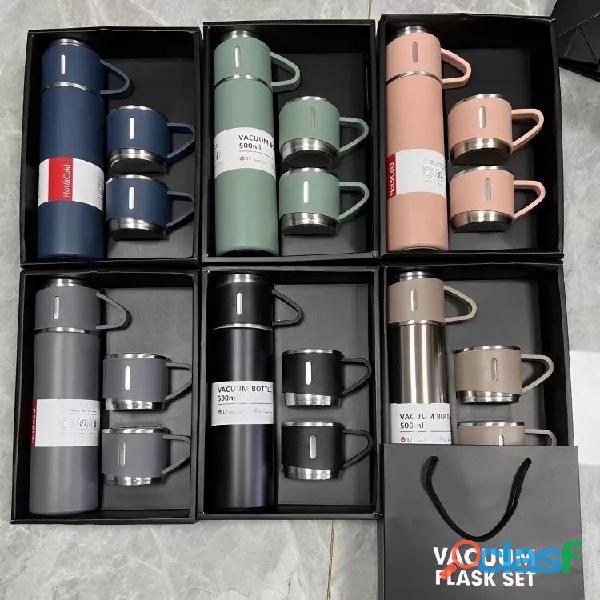 Caneca kit garrafa térmica vacuum bottle inox 500ml + 3 xícaras bebidas fria ou quente