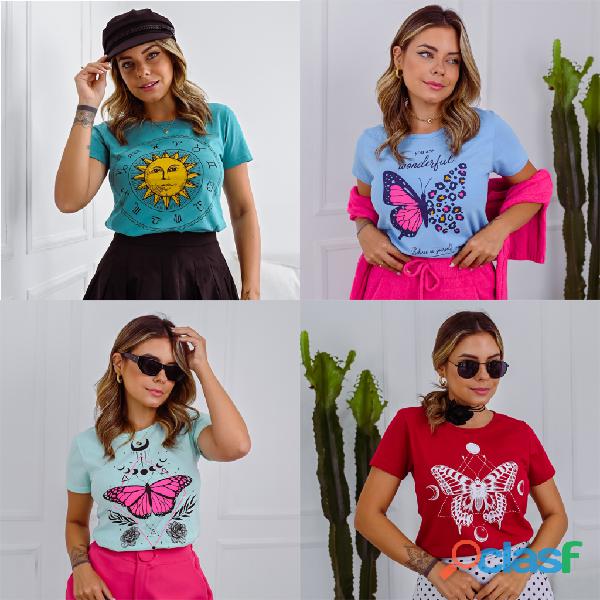 Kit 5 t shirt feminina blusa baby look camiseta blusinha