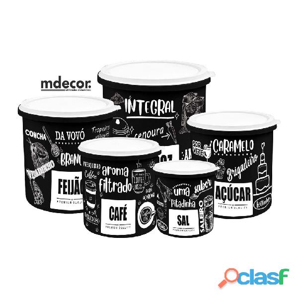 Kit 5 Potes de Mantimentos Plástico Decorado Preto PB Frases