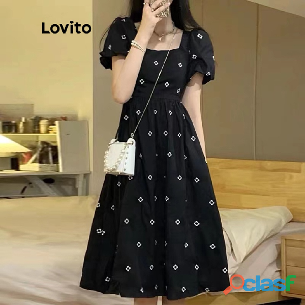 Lovito vestido casual com mangas bufantes florais e decote quadrado para mulheres lne05105 (preto)