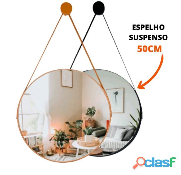 Espelho decorativo suspenso 50cm alça de couro imagem nítida