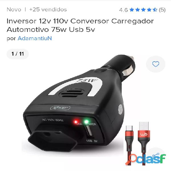 Inversor 12v 110v conversor carregador automotivo 75w usb 5v