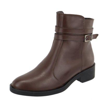 Bota em Couro Feminina Cano Curto Chocolate Fivela